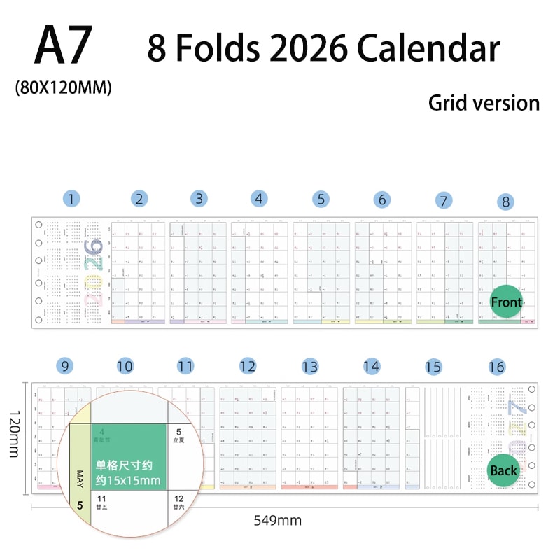 Calendar Colorful Yearly Monthly Planner Refills Calendar Fold Design Loose Leaf Paper Reusable Pla