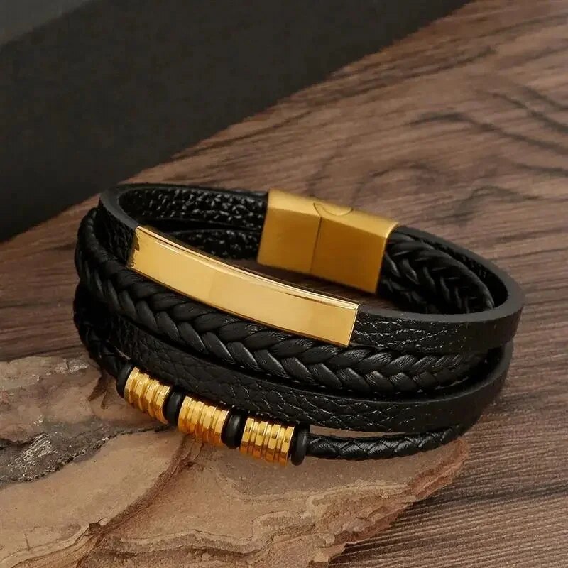 Multi Layers PU Leather Men Bracelet Magnut Closure Waved Leather Gold Color Metal Tube Charm Fashi 0