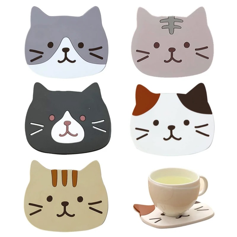 Cartoon Cat Themed Drink Coasters Reusable Silicone Heatproof NonSlip Placemats Fun And Practical F 2