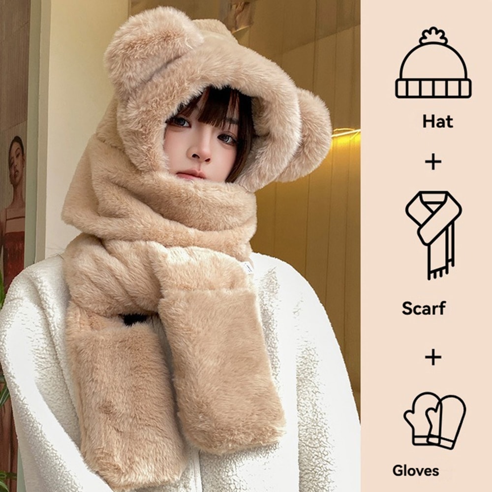 Winter Warm Plush Fleece Bear Ear Hooded Cap Scarf Gloves Set Windproof Outdoor Accessories For Co 2