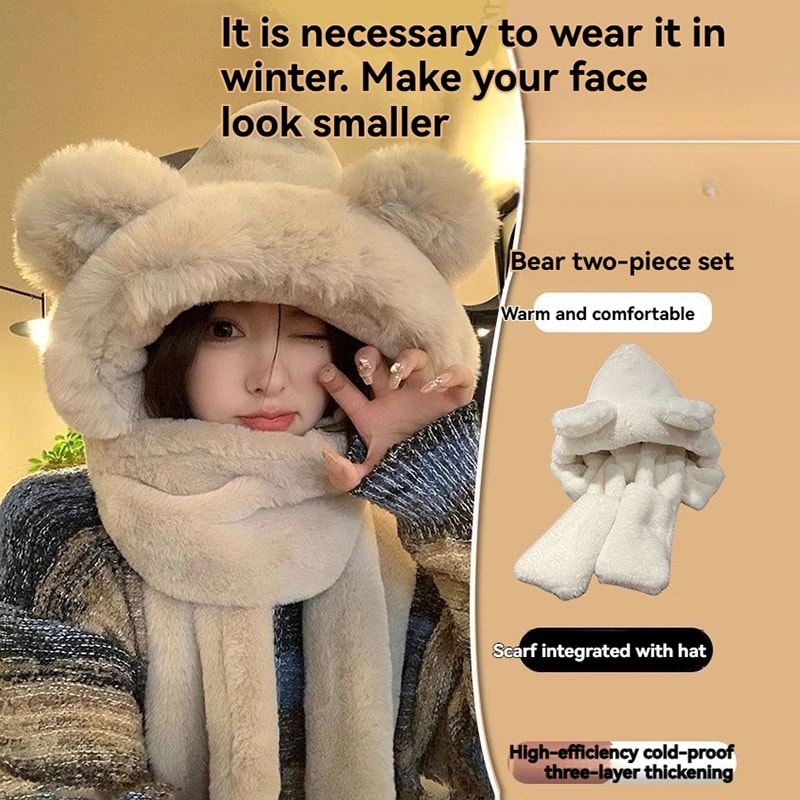 Winter Warm Plush Fleece Bear Ear Hooded Cap Scarf Gloves Set Windproof Outdoor Accessories For Co 3
