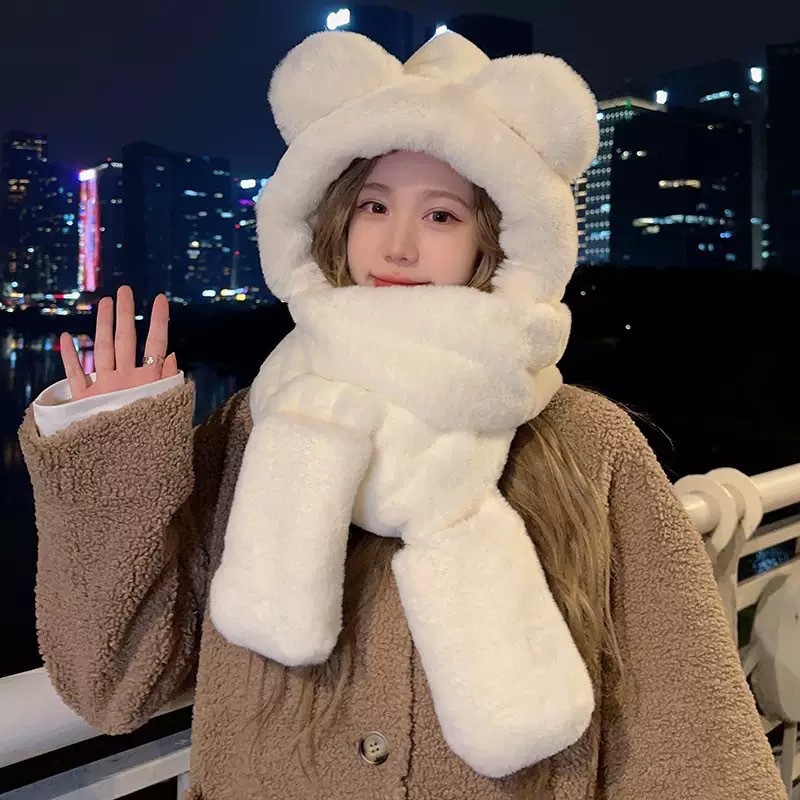 Winter Warm Plush Fleece Bear Ear Hooded Cap Scarf Gloves Set Windproof Outdoor Accessories For Co 0