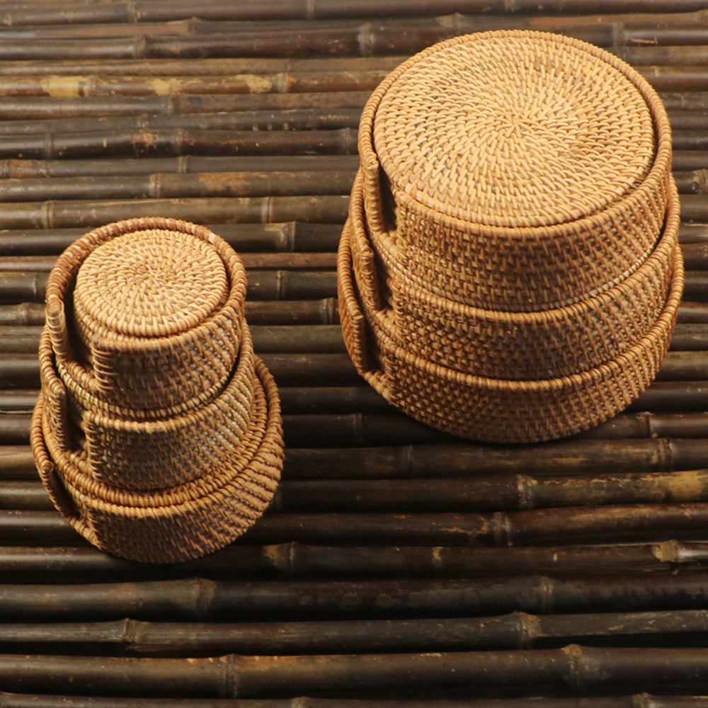 Drink Coasters For Tea Rattan Weave Tableware Heat Insulation Mat Pad Round Place Mat Dish Mat For 5