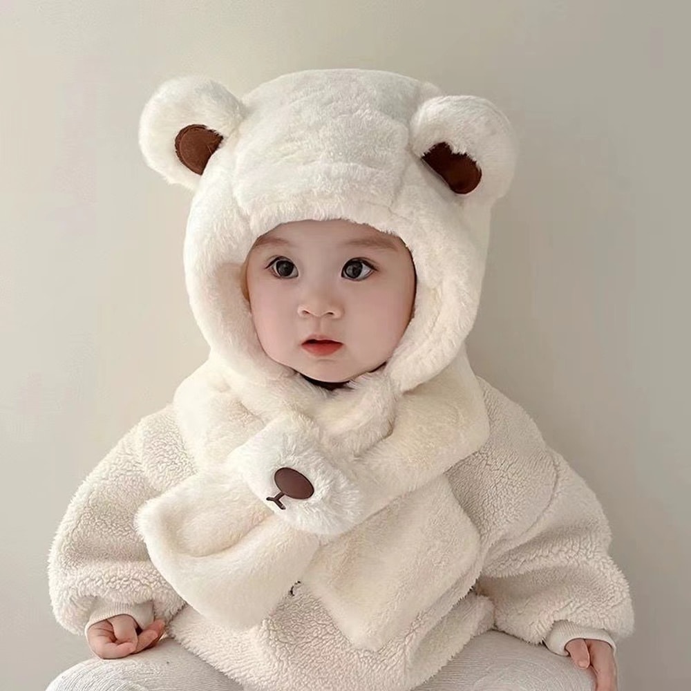 Baby Hat Autumn And Winter Teddy Bear Plush Hat Winter Childrens Thickened Windproof Hat With Scarf