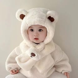 baby hat autumn and winter teddy bear plush hat, winter children's thickened windproof hat with scarf, boys and girls