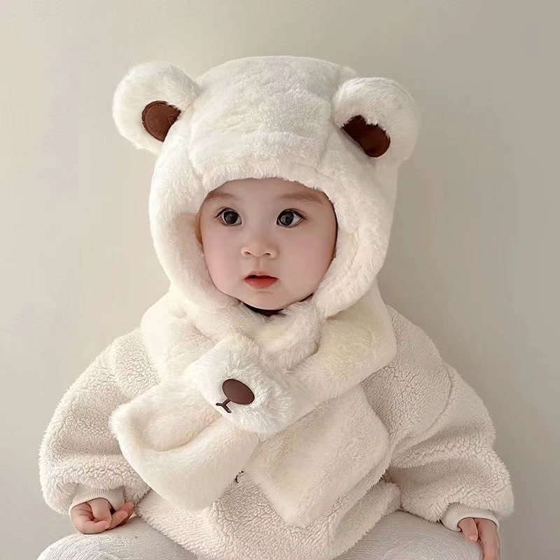 Baby Hat Autumn And Winter Teddy Bear Plush Hat Winter Childrens Thickened Windproof Hat With Scarf