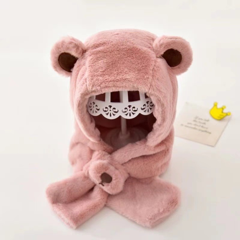 Baby Hat Autumn And Winter Teddy Bear Plush Hat Winter Childrens Thickened Windproof Hat With Scarf