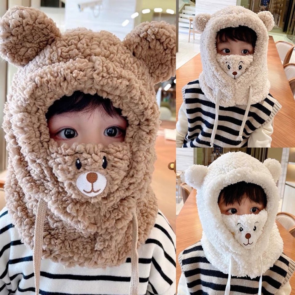 Plush Hat Autumn Winter Double Fleece Warmth Little Bear Hat Cute Children Cartoon Scarf Hood Cap B 0