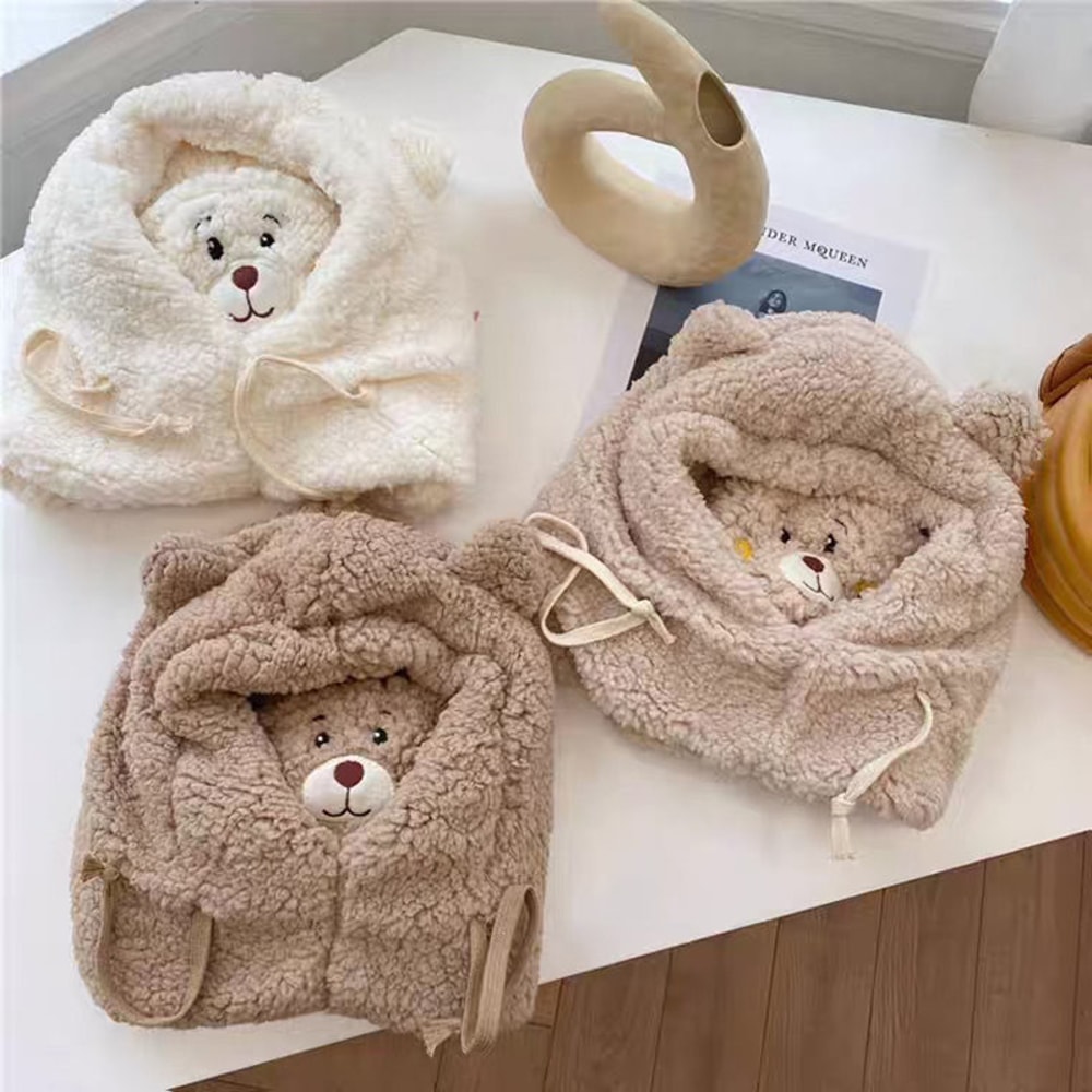 Plush Hat Autumn Winter Double Fleece Warmth Little Bear Hat Cute Children Cartoon Scarf Hood Cap B 1