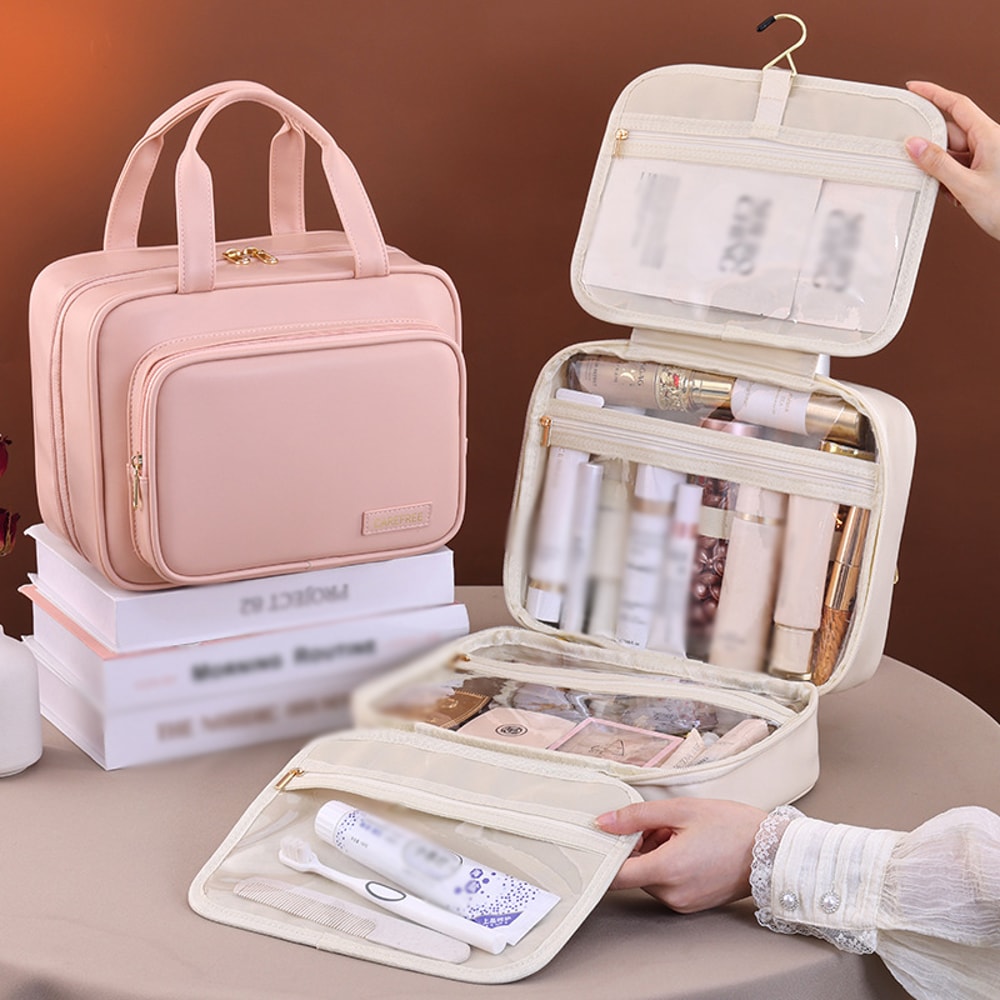Leather Hanging Cosmetic Bag for Women, Portable Storage Makeup Organizer, Large Capacity Travel Toiletry Storage Bag