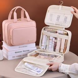 leather hanging cosmetic bag for women, portable storage makeup organizer, large capacity travel toiletry storage bag