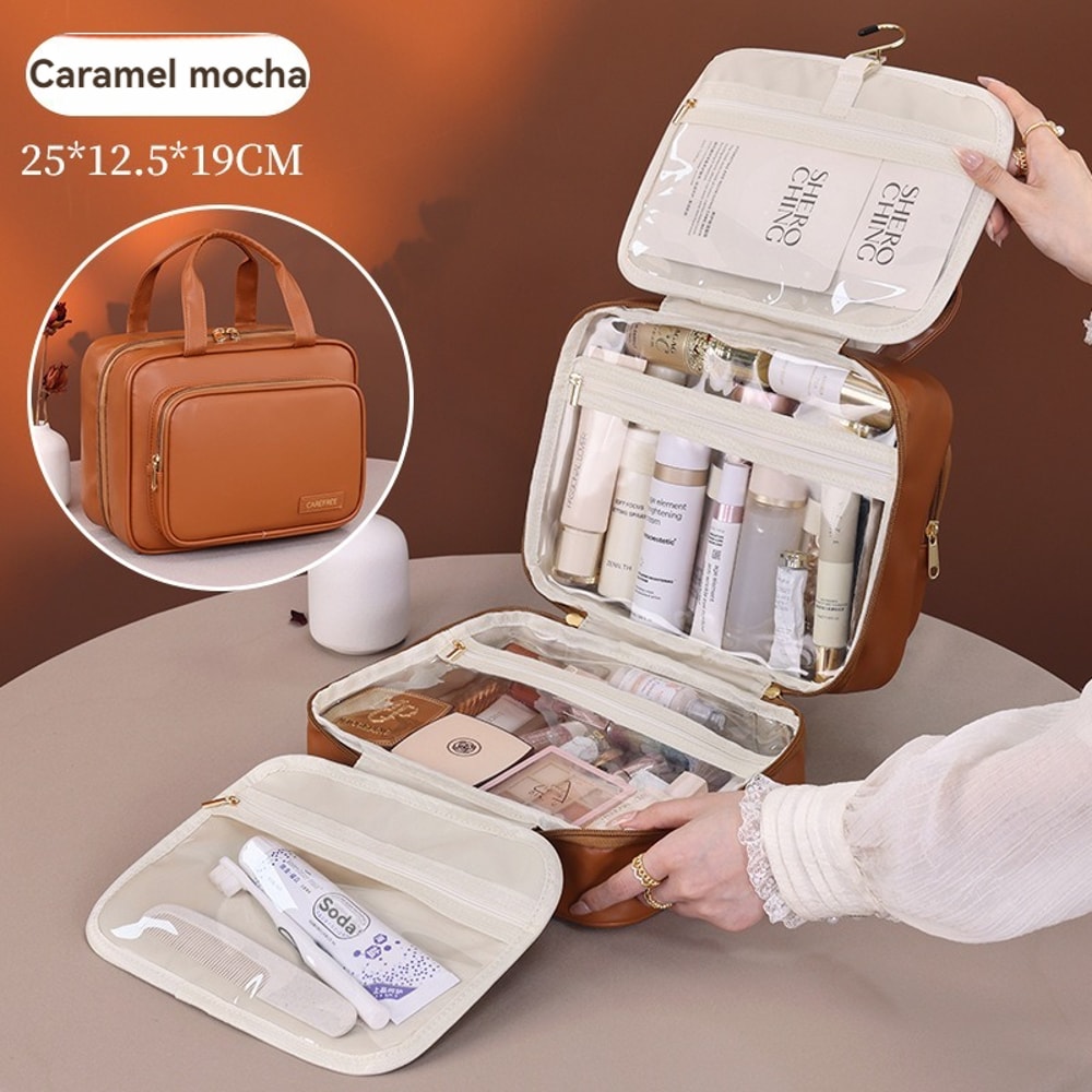 Leather Hanging Cosmetic Bag for Women, Portable Storage Makeup Organizer, Large Capacity Travel Toiletry Storage Bag
