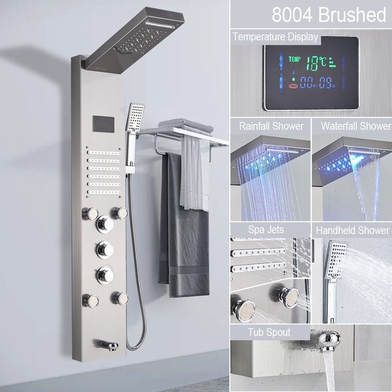 LED Light Shower Panel Waterfall Rain Digital Display Shower Faucet Set SPA Massage Jet Bathroom Co 6