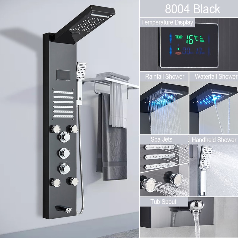 LED Light Shower Panel Waterfall Rain Digital Display Shower Faucet Set SPA Massage Jet Bathroom Co 7