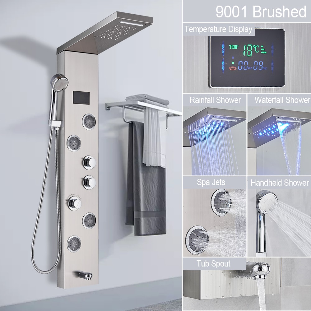 LED Light Shower Panel Waterfall Rain Digital Display Shower Faucet Set SPA Massage Jet Bathroom Co 9