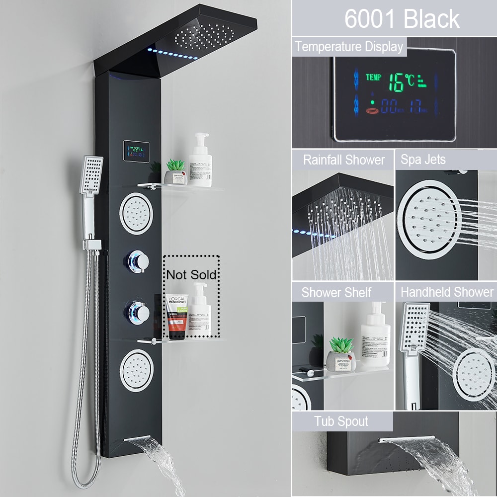 LED Light Shower Panel Waterfall Rain Digital Display Shower Faucet Set SPA Massage Jet Bathroom Co 10