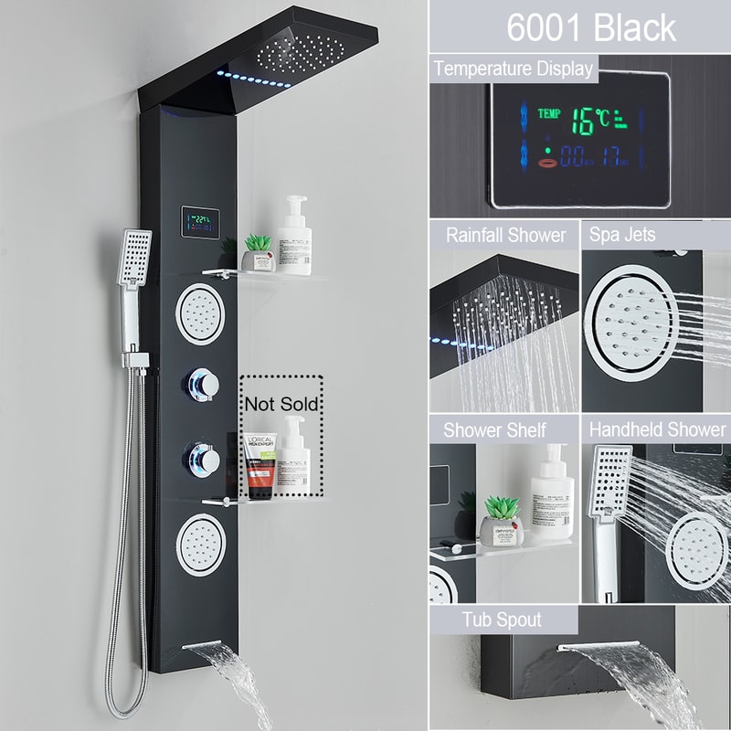 LED Light Shower Panel Waterfall Rain Digital Display Shower Faucet Set SPA Massage Jet Bathroom Co 10