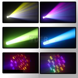 led moving head light with ring beam, spot, rotating prisms, rainbow, gobo, color effect for dj, stage light