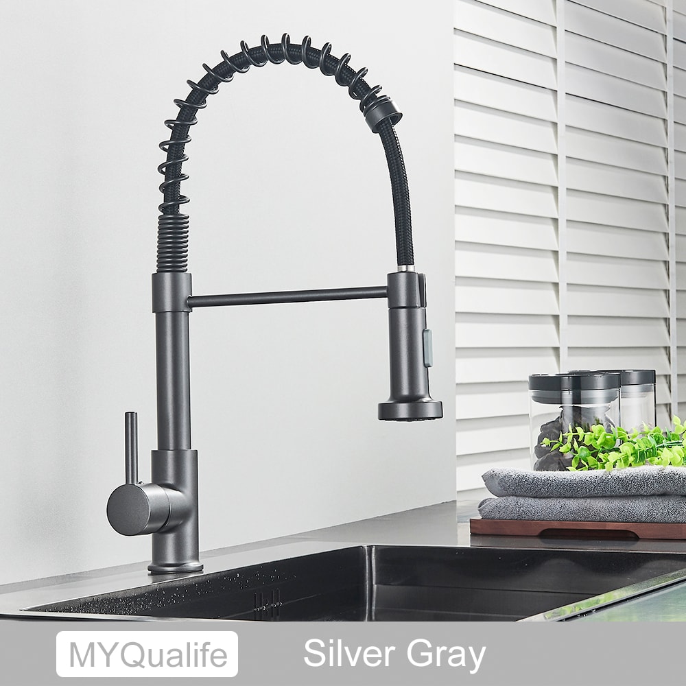 Silver Gray Kitchen Sink Faucet One Handle Spring Hot And Cold Water Tap Deck Mounted Matte Black K