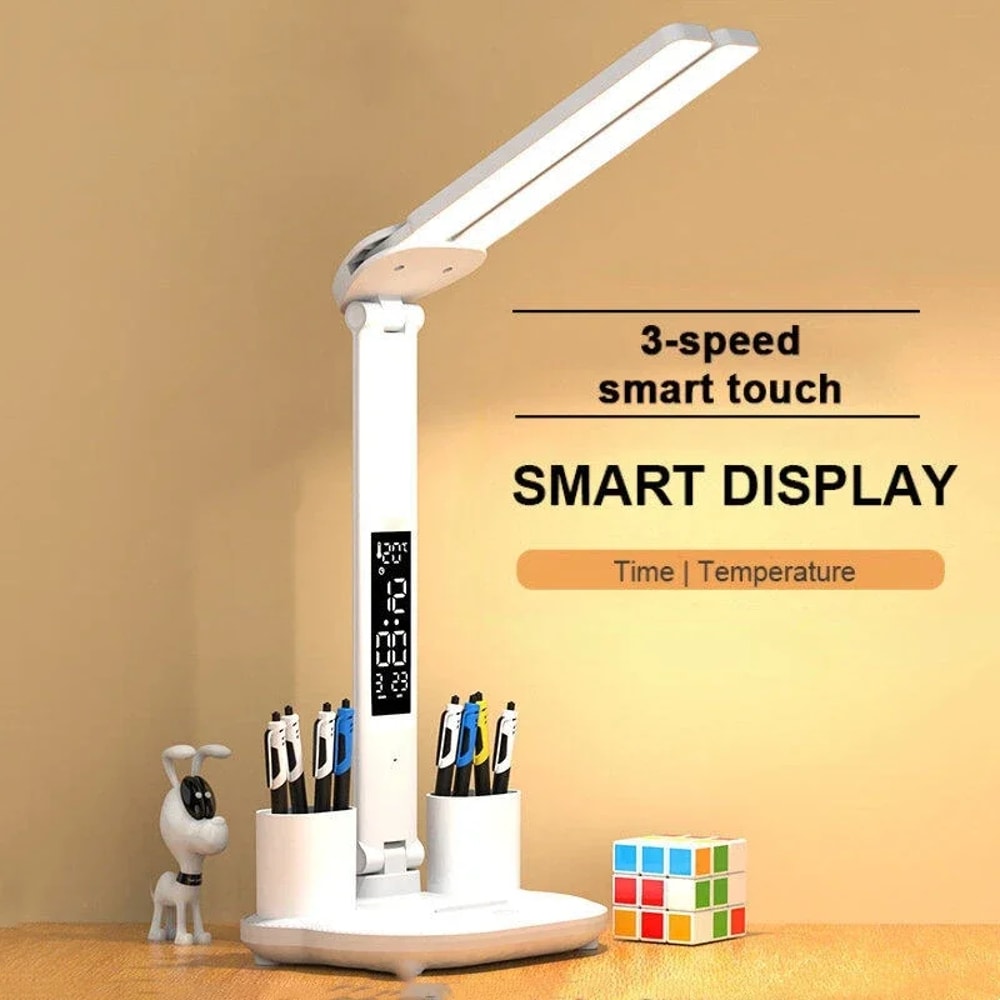DoubleHeaded LED Table Lamp Dimmable Desk Lamp With Calendar Clock Foldable Eye Protection Reading 3