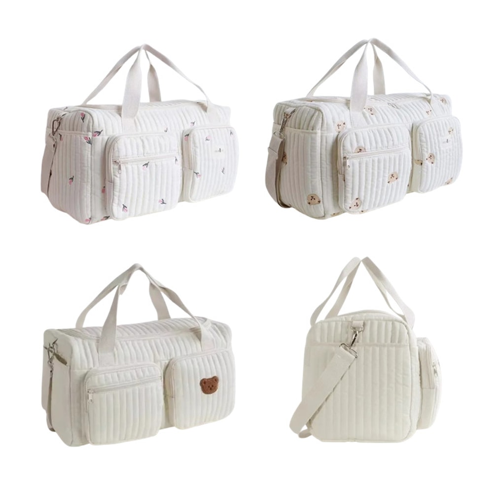 Baby Diaper Bag Cute Bear Flower Embroidery Pattern Beige Cotton Fabric Mommy Bag Zipper Diaper Han 0