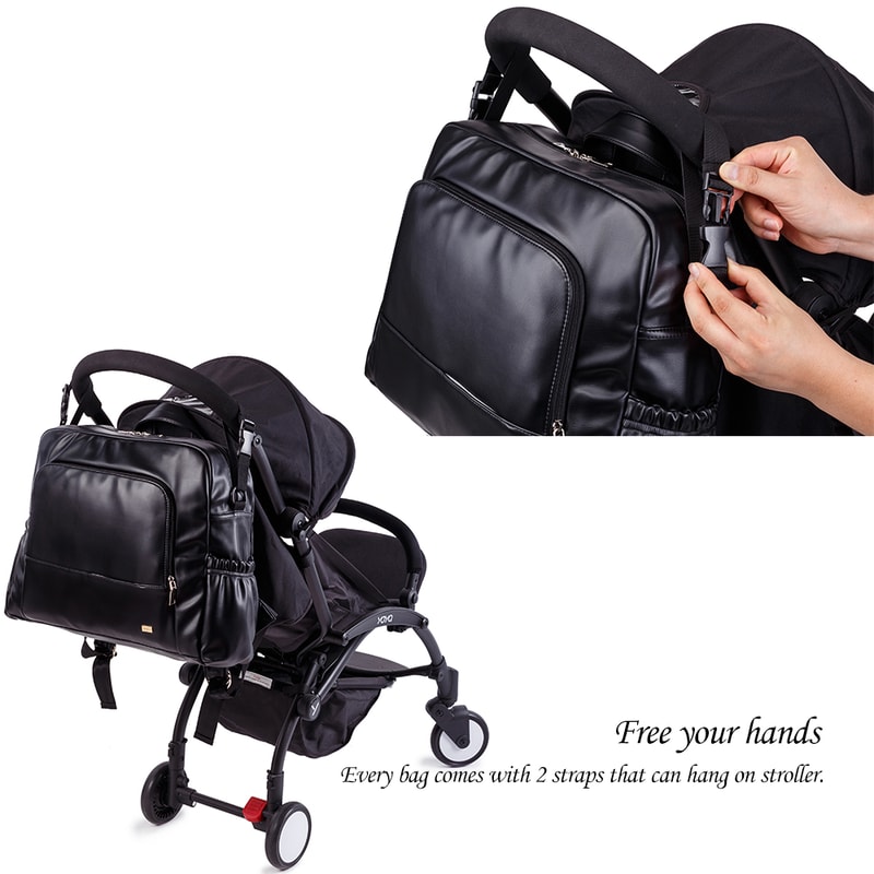 Waterproof Black Diaper Bag Smooth Leather Large Capacity Nursing Changing Backpack For Newborn Bab 3