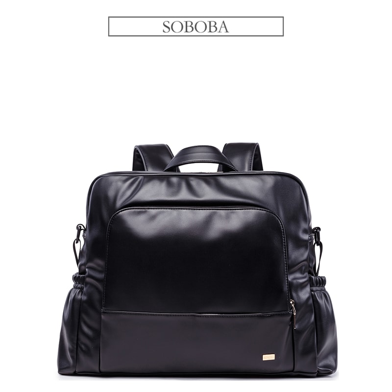 Waterproof Black Diaper Bag Smooth Leather Large Capacity Nursing Changing Backpack For Newborn Bab 5