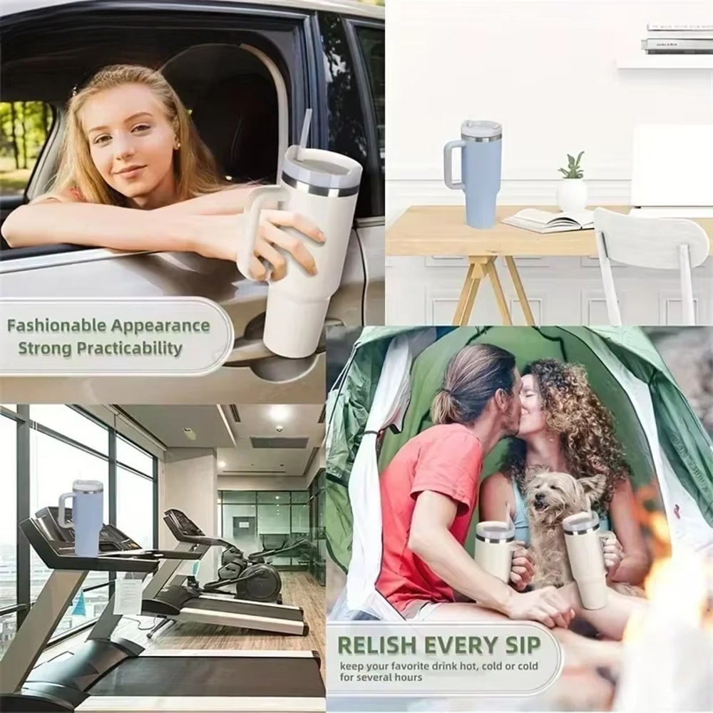 Insulated Tumbler With Handle And Straw Double Wall Thermal Iced Travel Mug Car And Outdoor Use 2