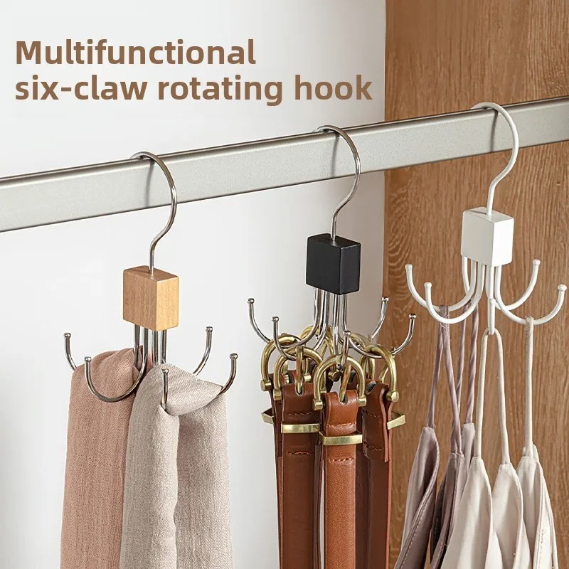 Rotating Storage Hanger With Hooks Enhanced Belt And Scarf Rack Wooden Wardrobe Organizer 3