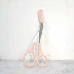pink eyebrow trimming scissors with built-in comb, stainless steel, precise grooming tool for perfect eyebrows