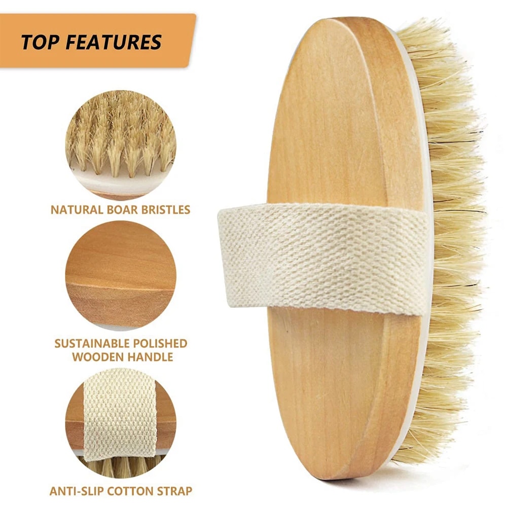 Exfoliating Wooden Body Massage Shower Brush, Natural Bristle Bath Brush for Soft Skin, SPA Wet Dry Body Care for Woman
