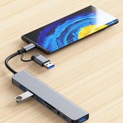 usb +type c hub docking station with audio jack adaptor, micro sd card reader, laptop tablet phone disk converter
