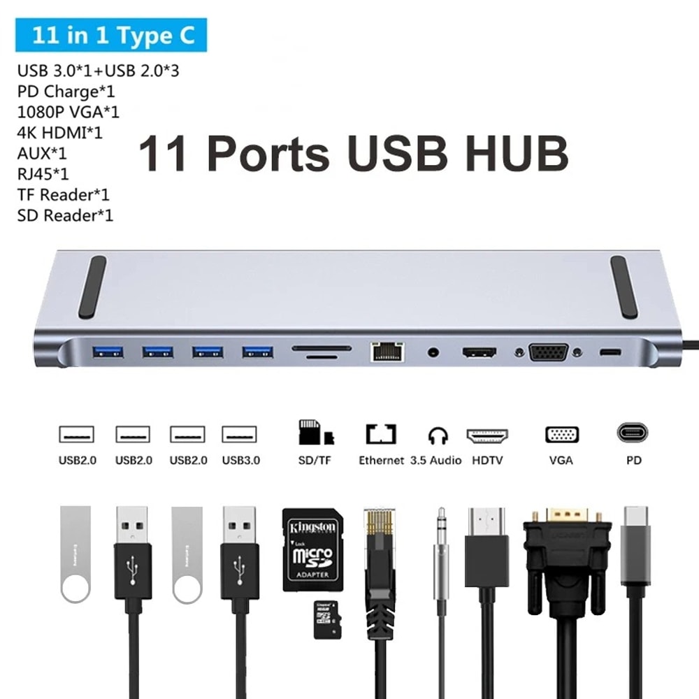 USB C 3.0 HUB Type C to Multi 4K HDMI Monitor Video Converter, Ethernet VGA PD Power Adaptor Docking Station Laptop