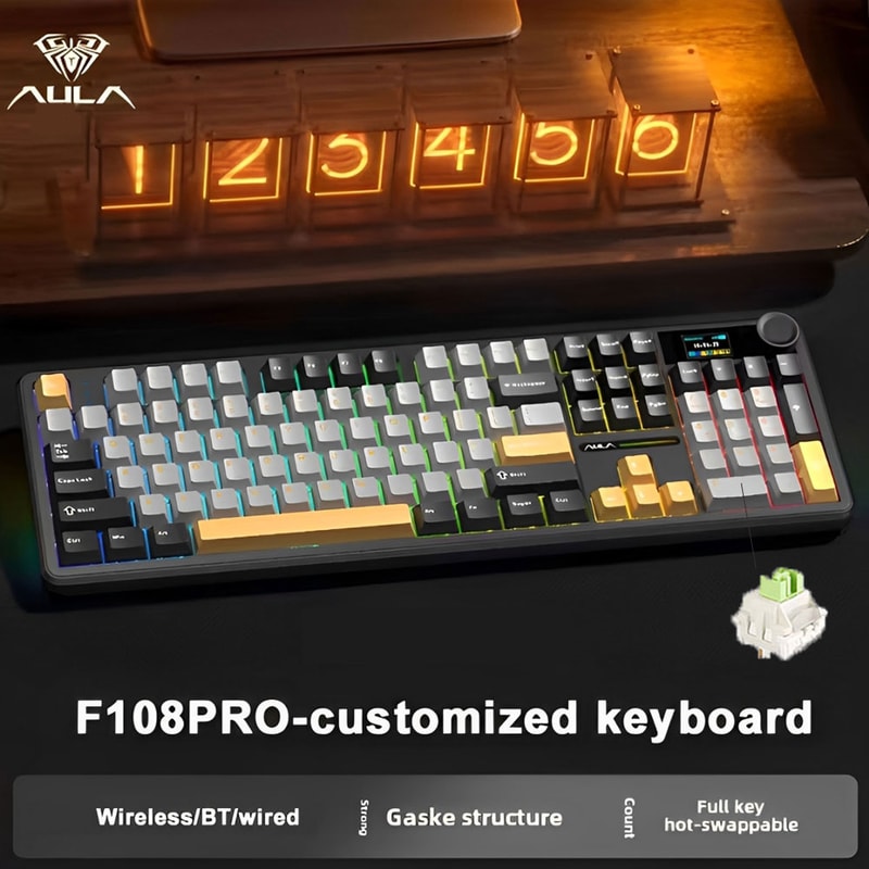 Pro Gaming Mechanical Keyboard Tri Mode Custom MultiKnob Screen RGB Esports Wireless Keyboard With