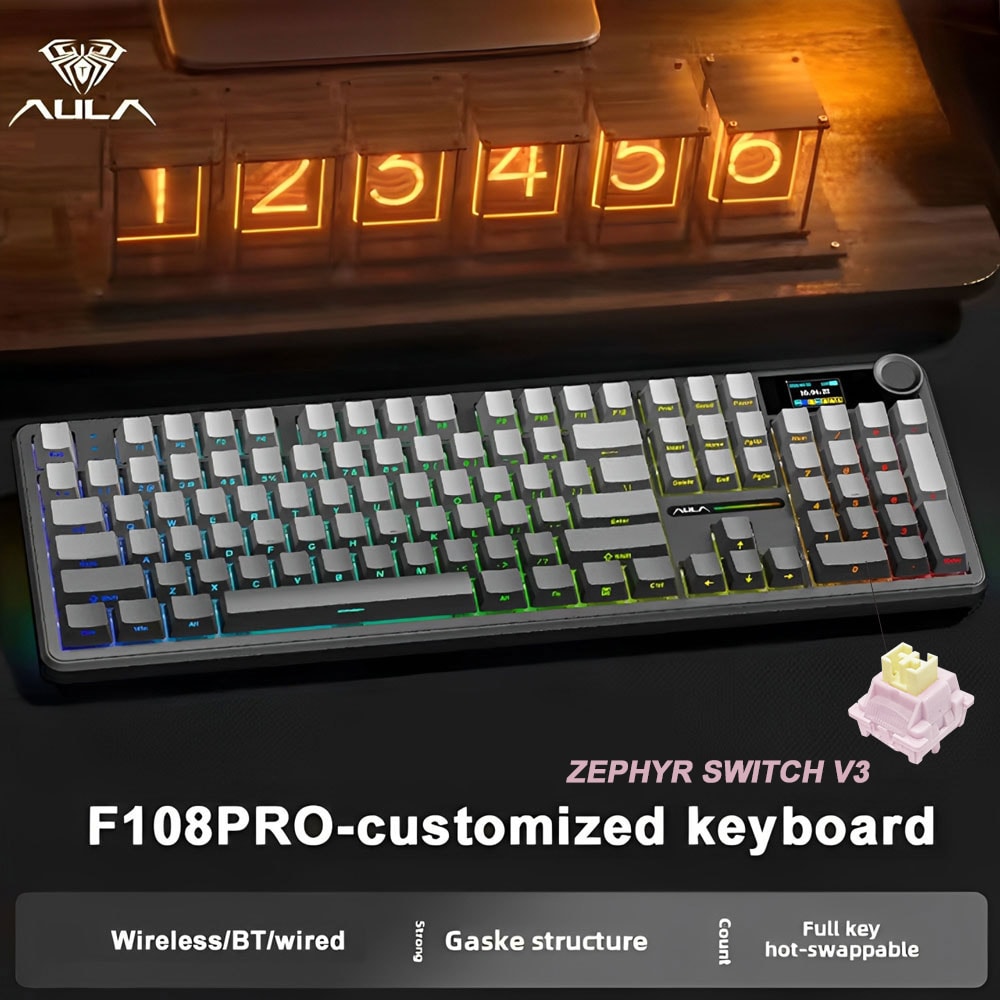 Pro Gaming Mechanical Keyboard Tri Mode Custom MultiKnob Screen RGB Esports Wireless Keyboard With