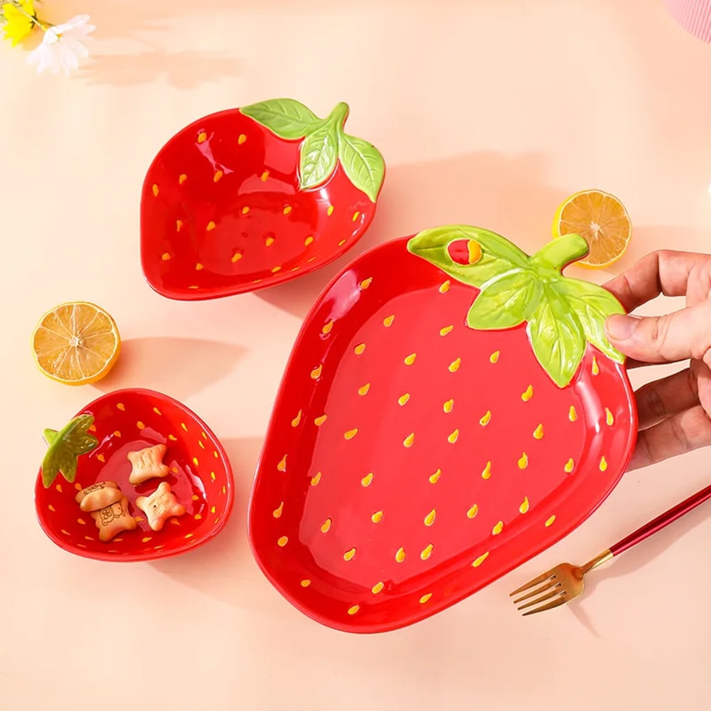 Creative Cartoon Strawberry Shaped Ceramic Salad Bowl Soup Bowl Family Fruit Snack Plate Kitchen Ut 3
