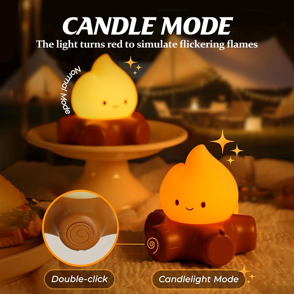 Cute Camp fire Night Light, Silicone Sleeping Nightlight, Step-less Dimming, Rechargeable Bedside Lamp for Bedroom