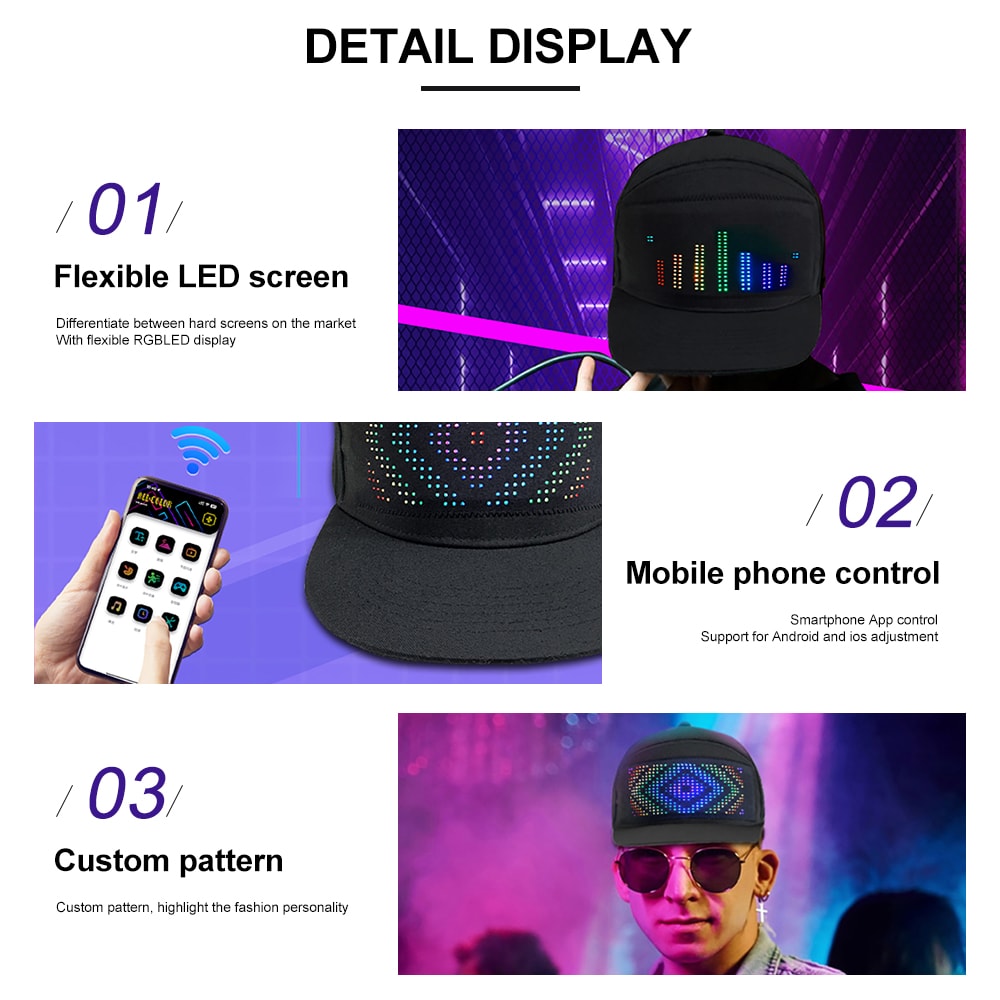 DIY LED Light Display Screen Smart Matrix Hat APP Controlled Bluetooth Baseball Hat Hip Hop Party D 3