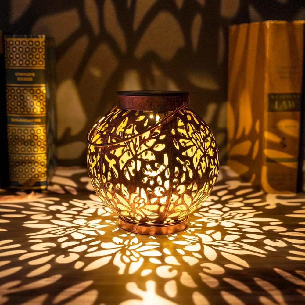 Outdoor Garden Landscape Decoration Solar Lights LED Metal, Water proof Round Lantern Lights, Hanging Hollow Projection