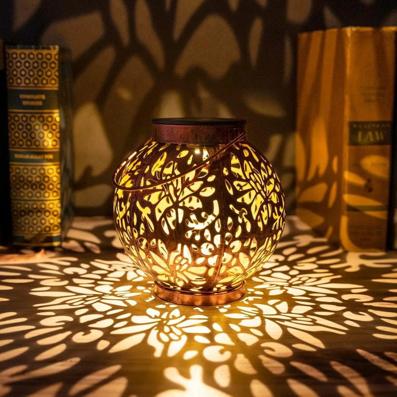 Outdoor Garden Landscape Decoration Solar Lights LED Metal, Water proof Round Lantern Lights, Hanging Hollow Projection