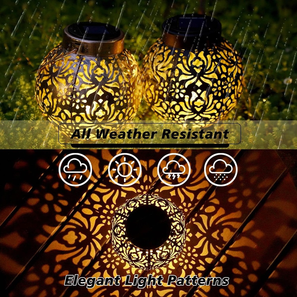 Outdoor Garden Landscape Decoration Solar Lights LED Metal, Water proof Round Lantern Lights, Hanging Hollow Projection