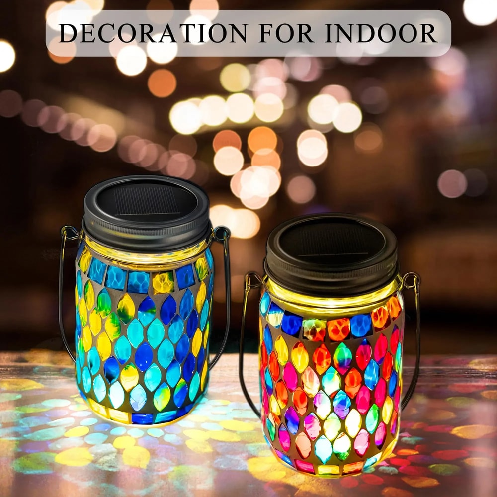 Solar Powered Mosaic Hanging Light Waterproof Glass Table Lamp Outdoor Garden Patio Party Indoor Ou