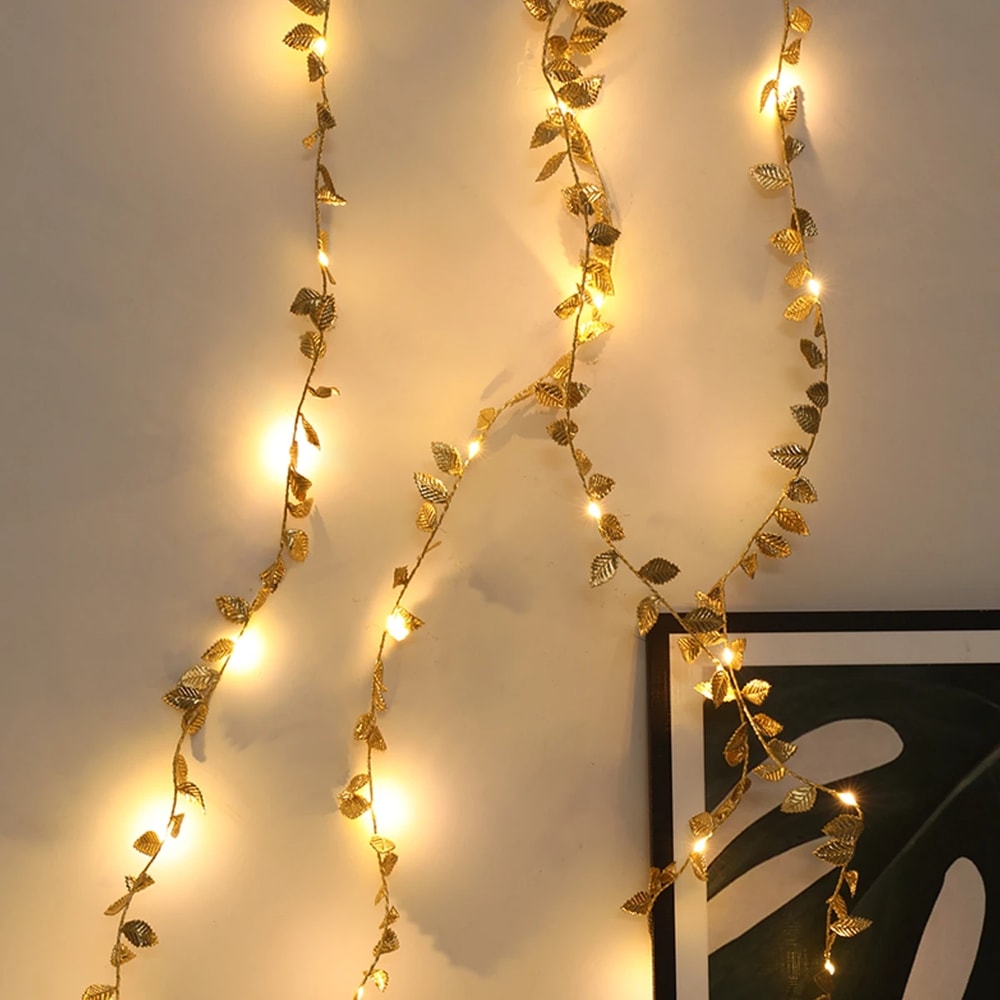 LED Golden Leaves String Light Battery-operated Garland For Living Room, Bedroom, Party, Wedding, New Year