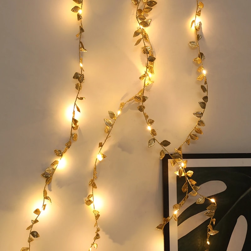 LED Golden Leaves String Light Battery-operated Garland For Living Room, Bedroom, Party, Wedding, New Year