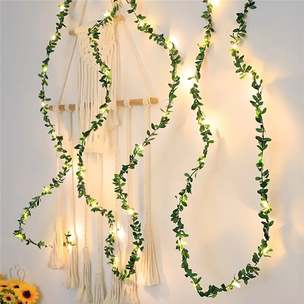 Green Leaf Wreath Light String, Artificial Flower with Fairy Lights for Party, Wedding, Holiday, and Courtyard