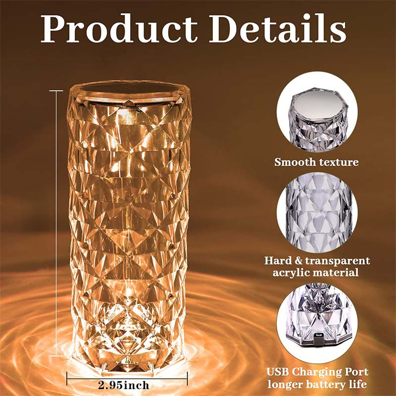 Crystal Table Lamp for Bedroom, Touch Remote Dimmable Night Light, USB LED Bedside Diamond Rose Lamp