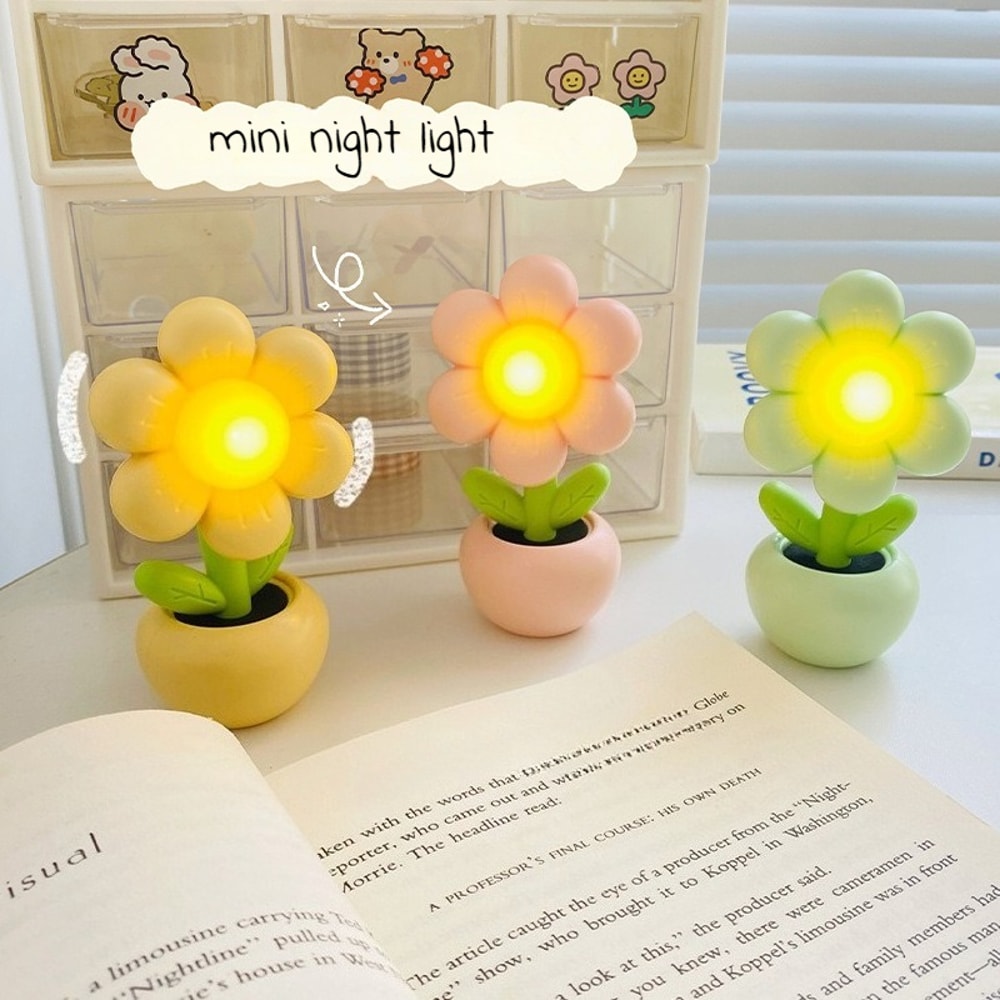 Battery Powered Mini LED Floral Potted Night Light Desktop Lamp For Bedroom Kids Room Children Gift 1