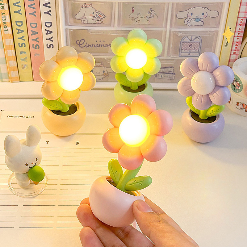 Battery Powered Mini LED Floral Potted Night Light Desktop Lamp For Bedroom Kids Room Children Gift 3