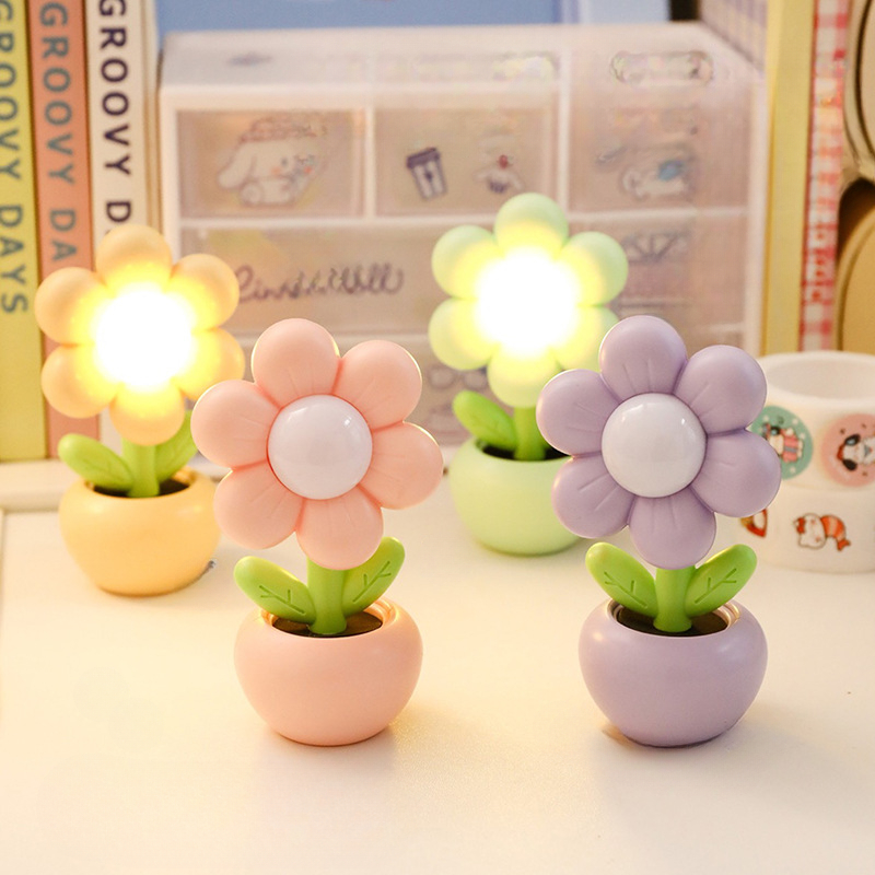 Battery Powered Mini LED Floral Potted Night Light Desktop Lamp For Bedroom Kids Room Children Gift 4
