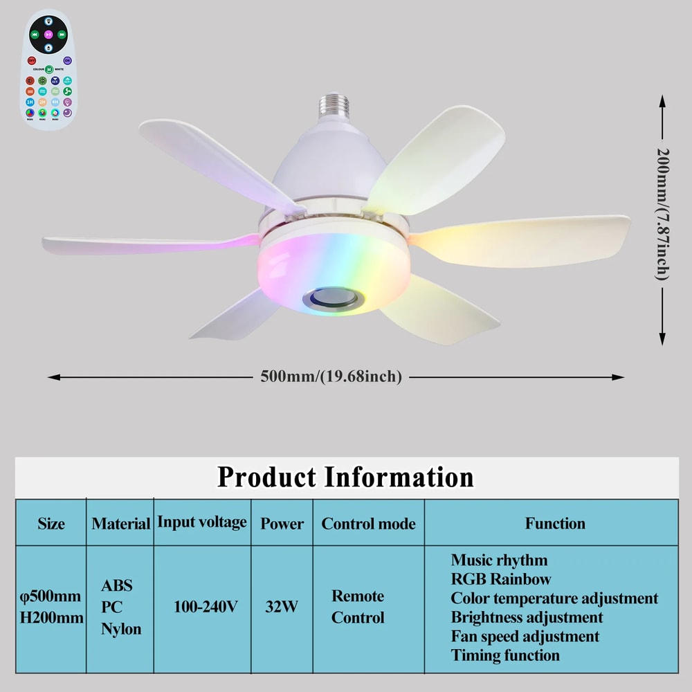 Noiseless Socket Fan Light With Remote Small Ceiling Fans Dimmable LED Light Bluetooth Speaker 6